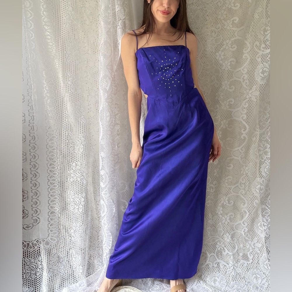 Vintage Cobalt Blue Satin Maxi Dress Rhinestone Open Back Prom Dress